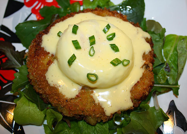 Caramelized Broccoli & Cauliflower Croquettes with Poached Eggs and Gremolata Hollandaise