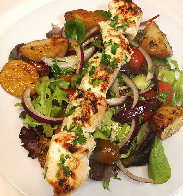 Greek Style Chicken Slouvaki with Lemon & Garlic Olive Oil served with Garlic Roasted Potatoes
