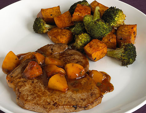 Pork Chops with Balsamic-Peach Glaze, Roasted Sweet Potatoes and Broccoli