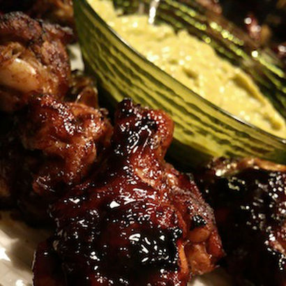 Sweet ‘n Spicy Chipotle Mango Wings with Avocado Mango Dipping Sauce